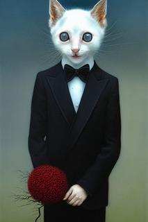 a kitten wearing a tuxedo on his way to a funeral, high quality painting, highly detailed, precisionism, fractalism, dystopian art, by Zdzislaw Beksinski 1975 and Tomasz Alen Kopera 1976 -s75 -W512 -H768 -C7.5 -Ak_euler_a -S2523072373